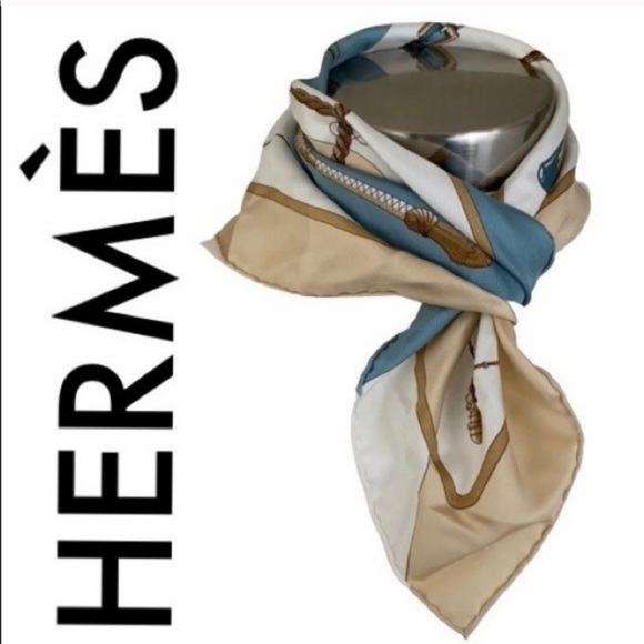 Hermes Accessories - HERMÈS NWT BLUE WHITE TAN SILK NECK / PURSE SCARF